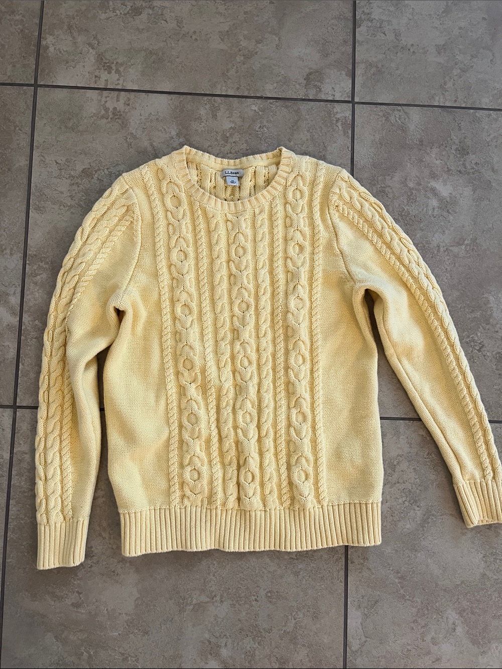 LL Bean butter yellow cable knit sweater 100% cotton